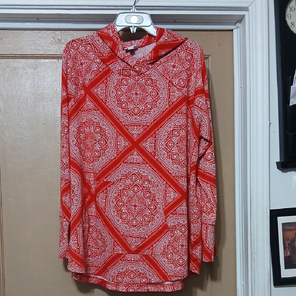 LuLaRoe Red and White Geometric Hoodie